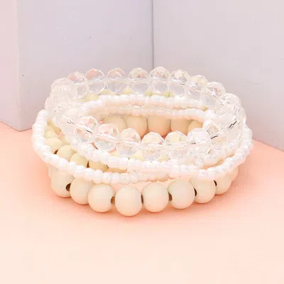 Fashnzfab 6pcs - Wood Ball Faceted Beaded Stretch Bracelets In White