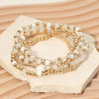 Fashnzfab 6pcs - Cross Charm Faceted Beaded Stretch Multi Layered Bracelets In White