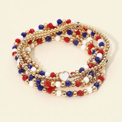 Fashnzfab 6pcs - Heart Charm Accent Patriotic Beaded Stretch Multi Layered Bracelets