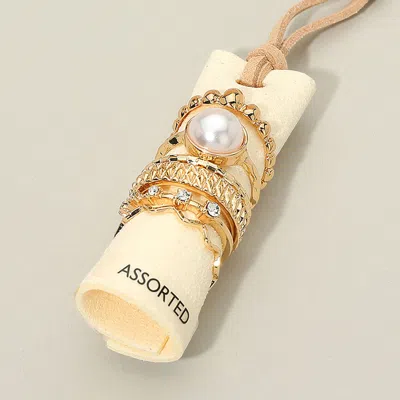 Fashnzfab 6pcs - Pearl Accent Textured Band Stackable Ring Set In Gold