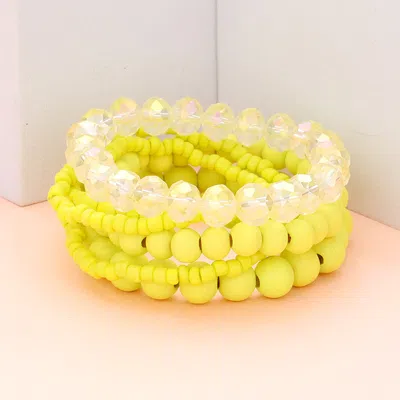 Fashnzfab 6pcs - Wood Ball Faceted Beaded Stretch Bracelets Yellow In Green