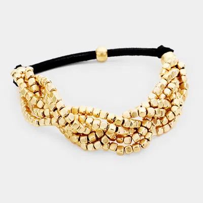 Fashnzfab 6row Strand Braided Metal Bead Suede Stretchable Bracelet Black, Worn Gold In Multi