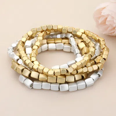 Fashnzfab 7 Pcs - Metal Bead Stack Stretch Multi Layered Bracelets