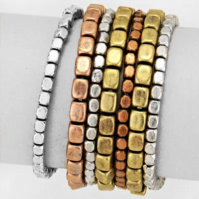Fashnzfab 7 Pcs - Metal Bead Stack Stretch Multi Layered Bracelets Copper Burnished, Gold Burnished, Silver Bu