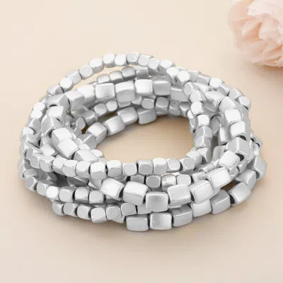 Fashnzfab 7 Pcs - Metal Bead Stack Stretch Multi Layered Bracelets In Silver