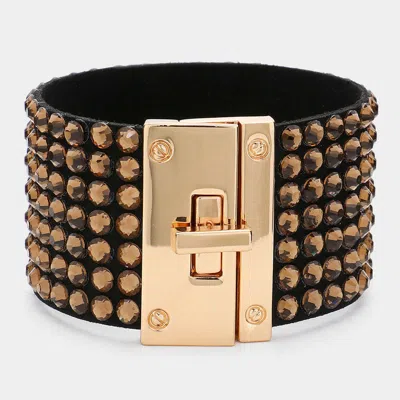 Fashnzfab 7-row Rhinestone Bling Studded Bracelet Gold, Lt Col Topaz In Brown