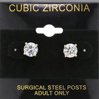 Fashnzfab 7mm Round Cz Stud Earrings - Clear, Gold