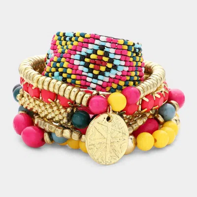 Fashnzfab 7pcs - Boho Multi Beaded Disc Charm Stretch Bracelets Multi