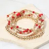 Fashnzfab 7pcs - Cross Pearl Metal Ball Beaded Stretch Multi Layered Bracelets In Gold