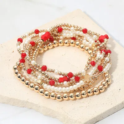Fashnzfab 7pcs - Cross Pearl Metal Ball Beaded Stretch Multi Layered Bracelets In Gold