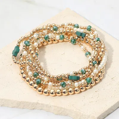 Fashnzfab 7pcs - Cross Pearl Metal Ball Beaded Stretch Multi Layered Bracelets In Gold