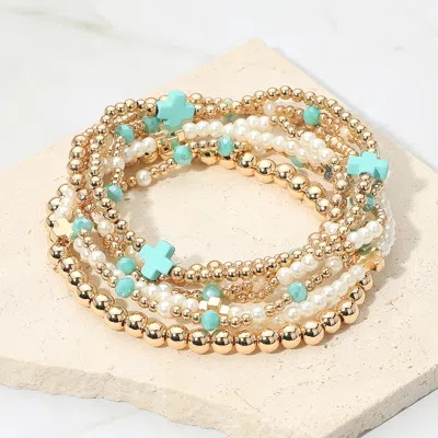 Fashnzfab 7pcs - Cross Pearl Metal Ball Beaded Stretch Multi Layered Bracelets In Gold