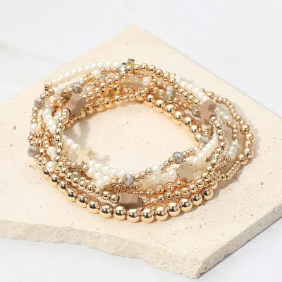 Fashnzfab 7pcs - Cross Pearl Metal Ball Beaded Stretch Multi Layered Bracelets In Gold