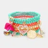 Fashnzfab 7pcs - Eiffel Tower Sheep Leaf Heart Fabric Flower Charm Faceted Beaded Stretch Bracelets In Multi