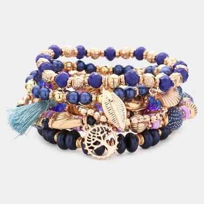 Fashnzfab 7pcs - Faceted Beads Rose Beaded Tassel Leaf Shell Tree Of Life Charm Stretch Multi Layered Bracelet In Purple