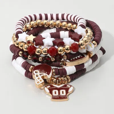 Fashnzfab 7pcs - Football Charm Star Game Day Message Heishi Beaded Stretch Multi Layered Bracelets