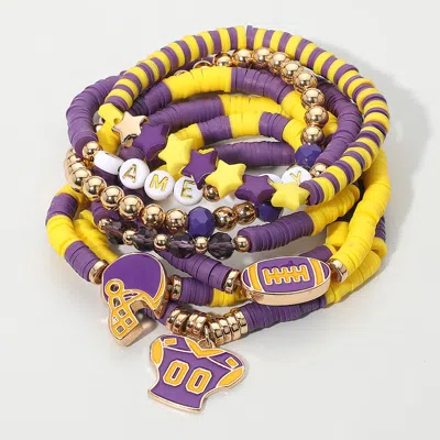 Fashnzfab 7pcs - Football Charm Star Game Day Message Heishi Beaded Stretch Multi Layered Bracelets