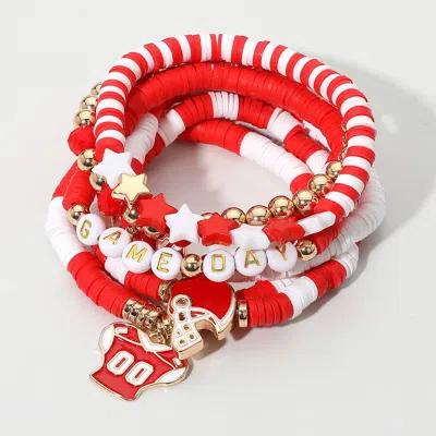Fashnzfab 7pcs - Football Charm Star Game Day Message Heishi Beaded Stretch Multi Layered Bracelets In Red