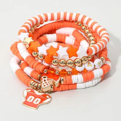 Fashnzfab 7pcs - Football Charm Star Game Day Message Heishi Beaded Stretch Multi Layered Bracelets In Orange
