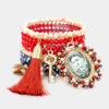 Fashnzfab 7pcs - Frida Kahlo Leaf Fabric Flower Key Angel Tassel Charms Stretch Bracelets In Red