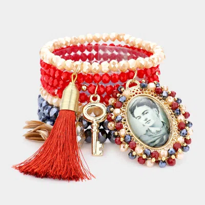 Fashnzfab 7pcs - Frida Kahlo Leaf Fabric Flower Key Angel Tassel Charms Stretch Bracelets In Red