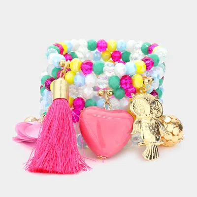 Fashnzfab 7pcs - Heart Owl Fabric Flower Butterfly Tassel Charm Faceted Beaded Bracelets In Multi