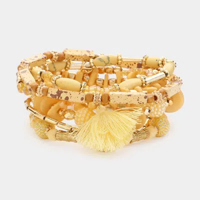 Fashnzfab 7pcs - Lock Flower Tassel Charm Multi Beads Beaded Layered Bracelets In Yellow