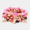 Fashnzfab 7pcs - Metal Flower Angel Dolphin Owl Charm Faceted Beaded Stretch Multi Layered Bracelets In Pink