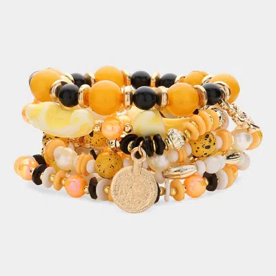 Fashnzfab 7pcs - Metal Flower Disc Flip Flop Cross Charm Pointed Various Beaded Stretch Multi Layered Bracelet