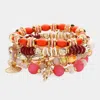 Fashnzfab 7pcs - Metal Flower Leaf Bow Charm Pointed Various Beads Beaded Stretch Multi Layered Bracelets In Pink