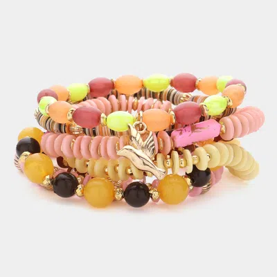 Fashnzfab 7pcs - Metal Pigeon Triangle Charm Pointed Various Beads Beaded Stretch Multi Layered Bracelet