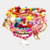 Fashnzfab 7pcs - Metal Star Puka Shell Charm Wood Beaded Stretch Bracelets Multi In Multi