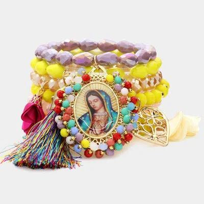 Fashnzfab 7pcs - Mother Maria Flower Heart Butterfly Evil Eye Tree Of Life Tassel Faceted Beaded Stretch Brace In Multi