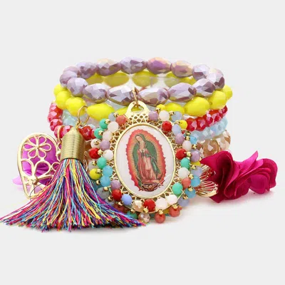 Fashnzfab 7pcs - Mother Maria Flower Heart Butterfly Tassel Charm Faceted Beaded Stretch Bracelets In Multi