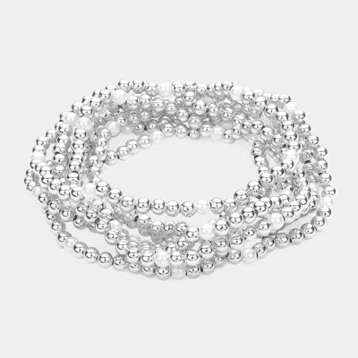 Fashnzfab 7pcs - Pearl Metal Ball Beaded Stretch Bracelets Rhodium In Multi