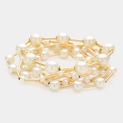 Fashnzfab 7pcs - Pearl Metal Ball Beaded Stretch Multi Layered Bracelets Cream, Gold