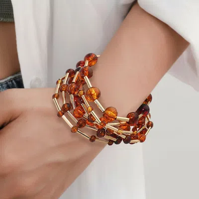 Fashnzfab 7pcs - Resin Ball Metal Bar Beaded Stretch Multi Layered Bracelets