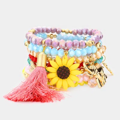 Fashnzfab 7pcs - Sunflower Elephant Owl Tree Dragonfly Tassel Charm Bracelets In Multi