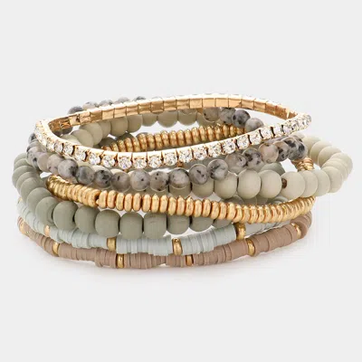 Fashnzfab 7pcs - Wood Ball Heishi Beaded Stretch Bracelets In Gray
