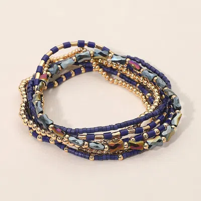 Fashnzfab 7pcs - Beaded Stretch Stackable Multi Layered Bracelets In Blue