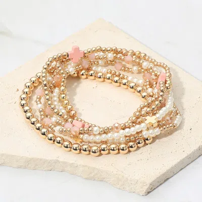 Fashnzfab 7pcs - Cross Pearl Metal Ball Beaded Stretch Multi Layered Bracelets In Silver