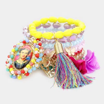 Fashnzfab 7pcs - Frida Kahlo Heart Butterfly Tassel Charm Faceted Beaded Stretch Bracelets In Multi