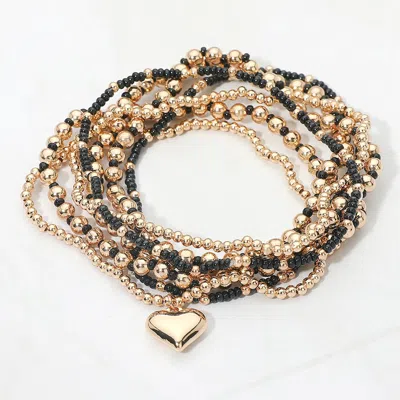 Fashnzfab 7pcs - Heart Charm Seed Beaded Stretch Multi Layered Bracelets In Gold