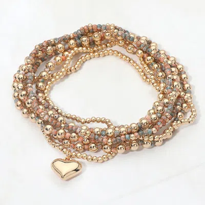 Fashnzfab 7pcs - Heart Charm Seed Beaded Stretch Multi Layered Bracelets In Pink