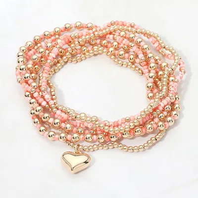 Fashnzfab 7pcs - Heart Charm Seed Beaded Stretch Multi Layered Bracelets In Pink