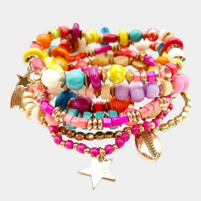 Fashnzfab 7pcs - Metal Star Puka Shell Charm Wood Beaded Stretch Bracelets Multi In Pink