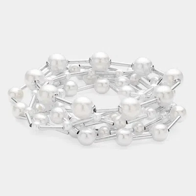Fashnzfab 7pcs - Pearl Metal Ball Beaded Stretch Multi Layered Bracelets Rhodium, White In Silver