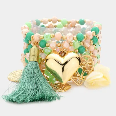 Fashnzfab 7pcs - Tassel Heart Fabric Flower Charm Beaded Stretch Bracelets In Gold