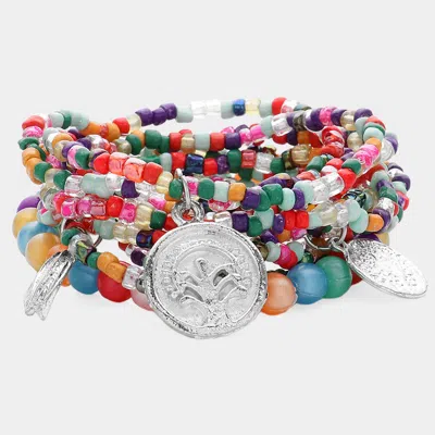Fashnzfab 7pcs - Various Beads Beaded Metal Leaf Tree Of Life Charm Pointed Stretch Multi Layered Bracelets Mu In Pink