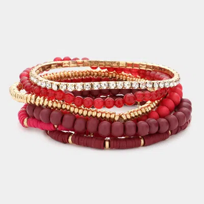 Fashnzfab 7pcs - Wood Ball Heishi Beaded Stretch Bracelets Wine In Red